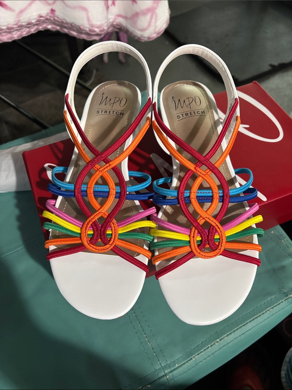 Impo White Slingback Sandals with Rainbow Straps